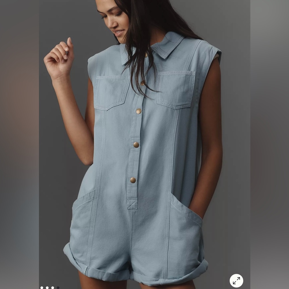 NWT Pilcro and The Letterpress Anthropologie Blue Sleeveless Collared Romper M